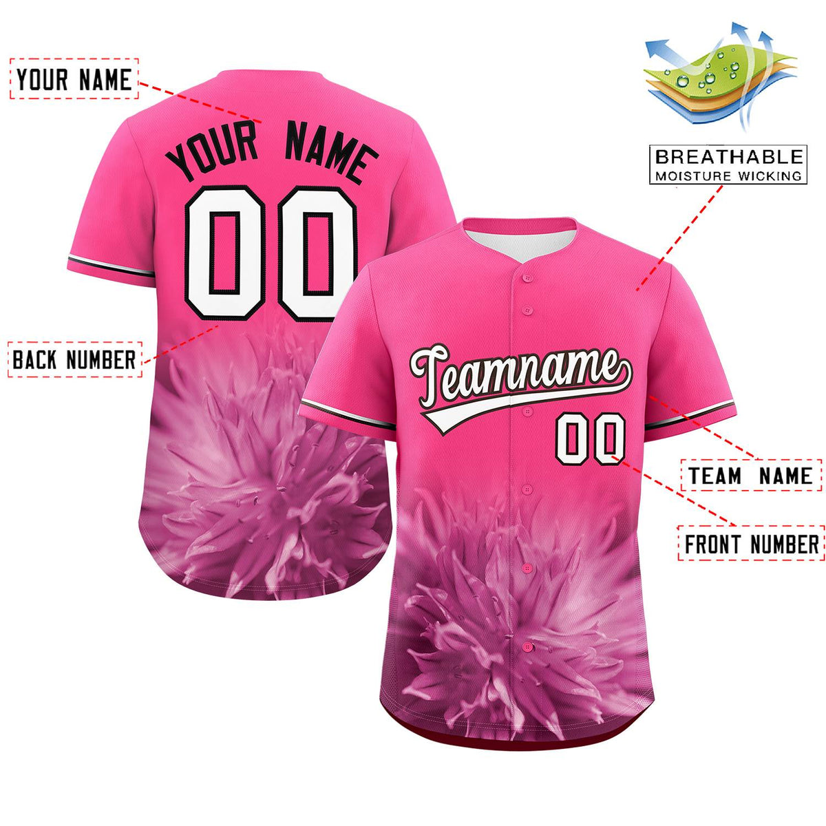 Custom Pink Personalized 3D Flower Design Authentic Baseball Jersey | KXKSHOP