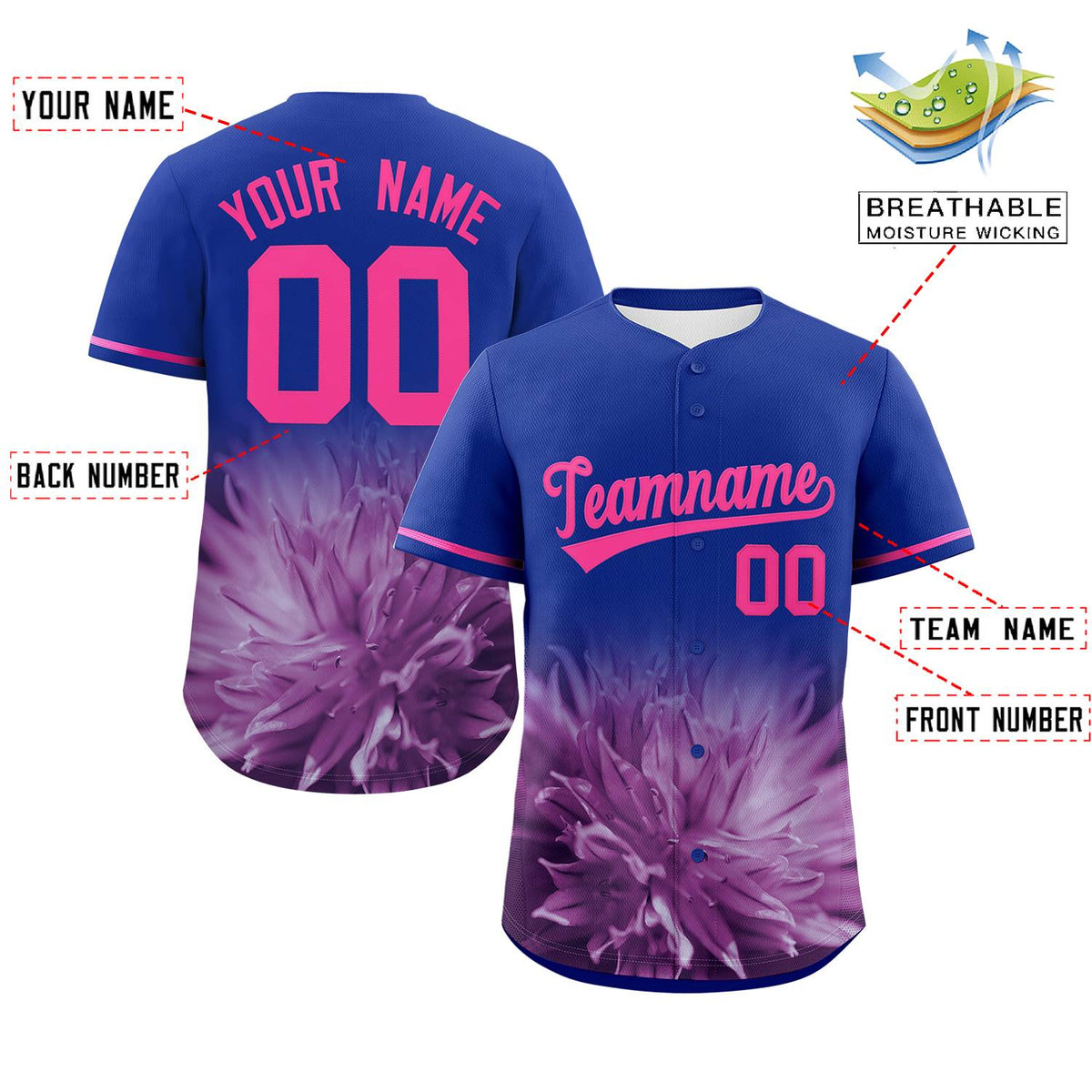 Custom Royal Personalized 3D Flower Design Authentic Baseball Jersey | KXKSHOP