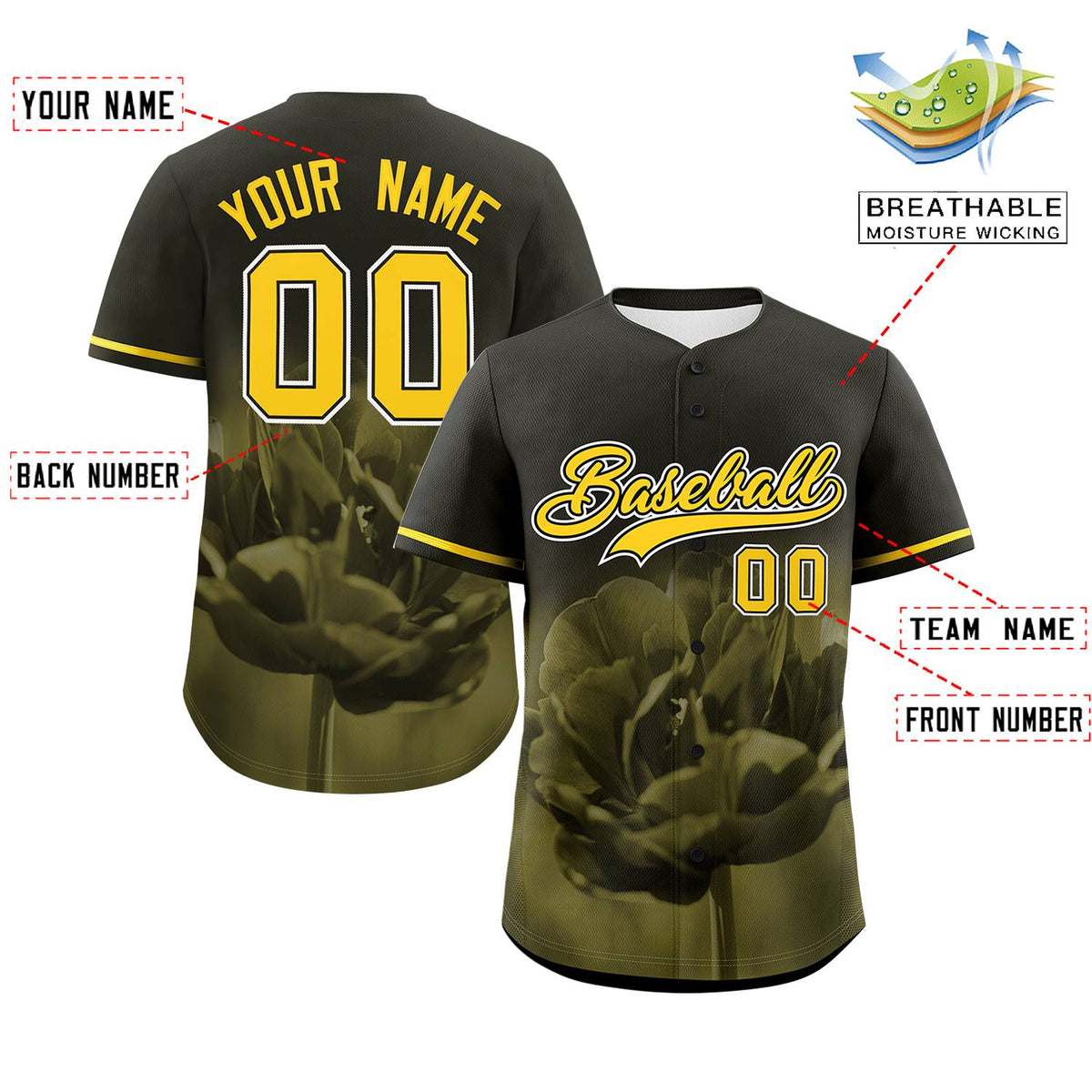 Custom Black Personalized 3D Flower Design Authentic Baseball Jersey | KXKSHOP