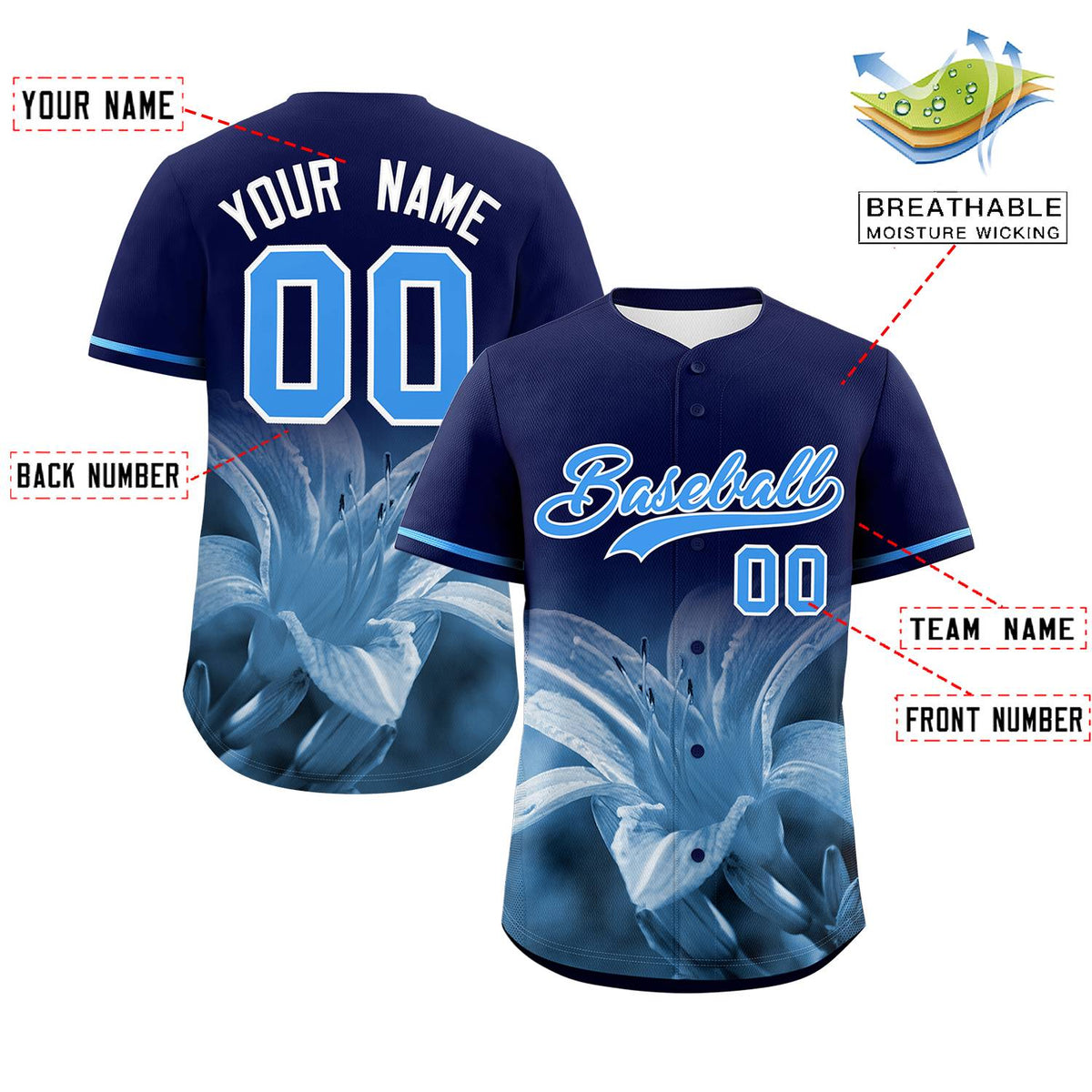 Custom Navy Personalized 3D Flower Design Authentic Baseball Jersey | KXKSHOP