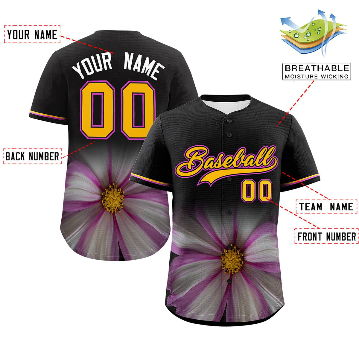 Custom Black Personalized 3D Flower Design Authentic Baseball Jersey | KXKSHOP