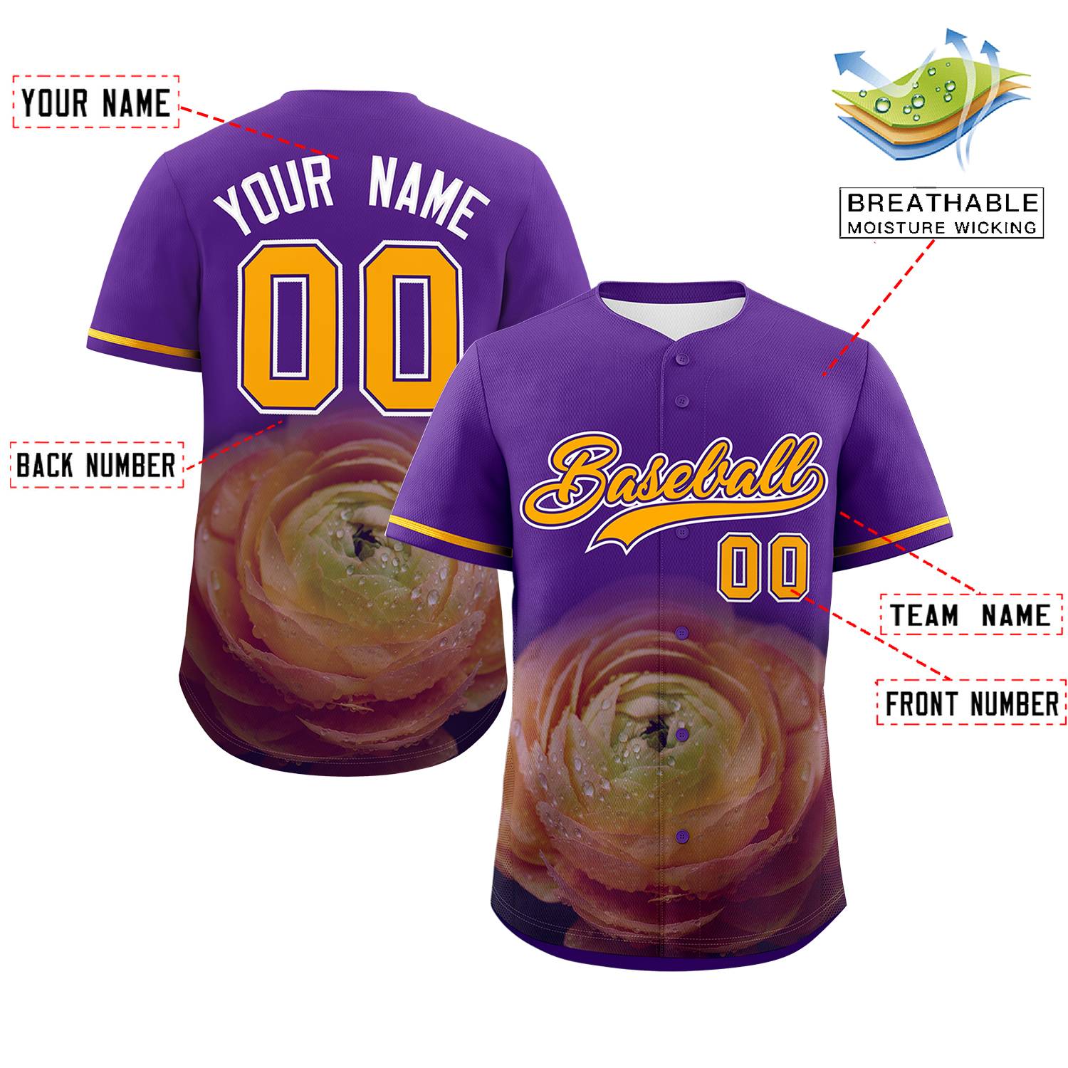 Custom Purple Personalized 3D Flower Design Authentic Baseball Jersey | KXKSHOP