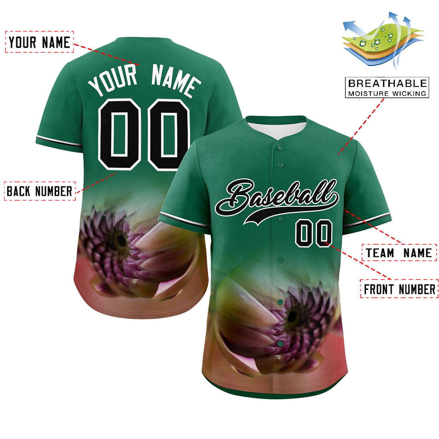 Custom Kelly Green Personalized 3D Flower Design Authentic Baseball Jersey | KXKSHOP