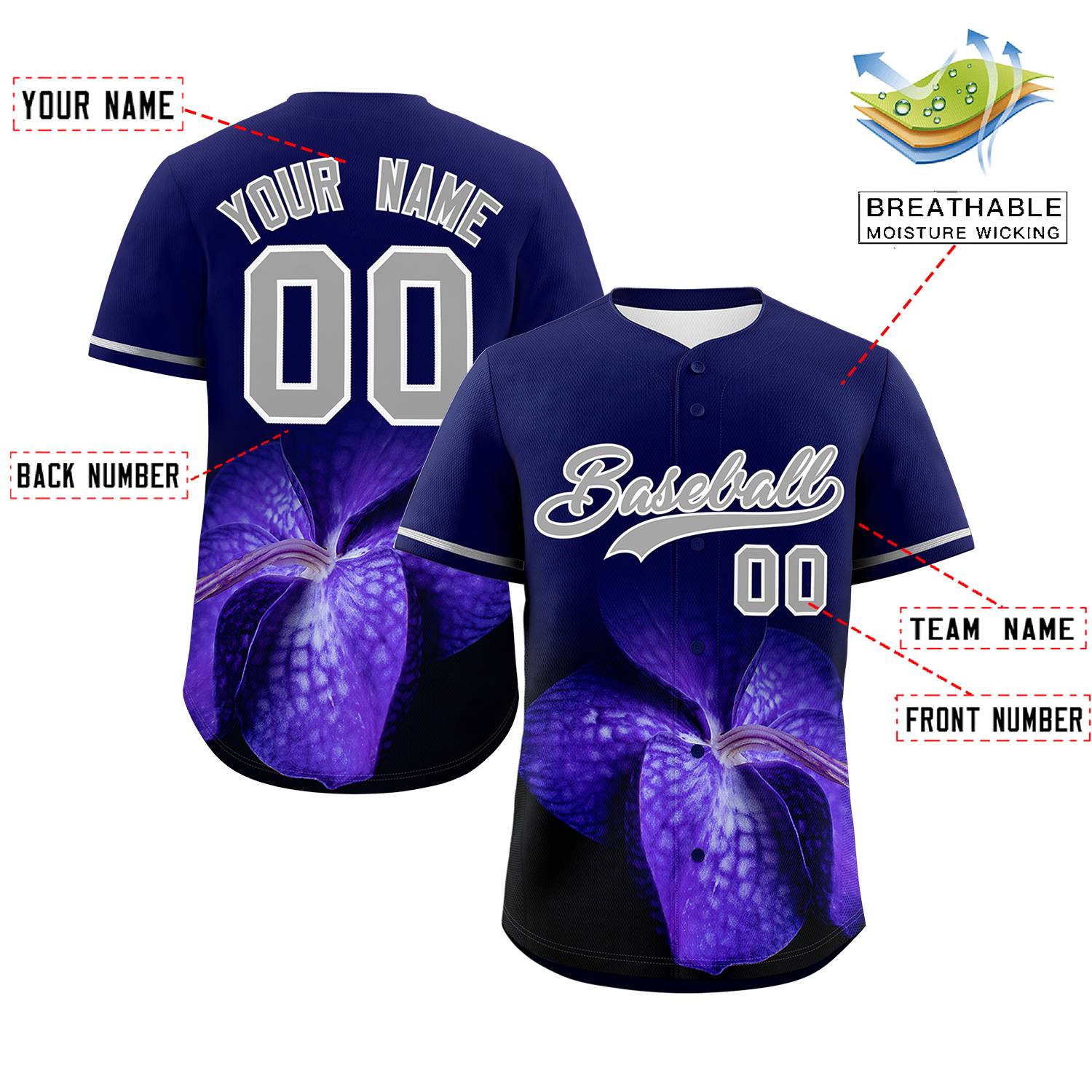 Custom Navy Personalized 3D Flower Design Authentic Baseball Jersey | KXKSHOP