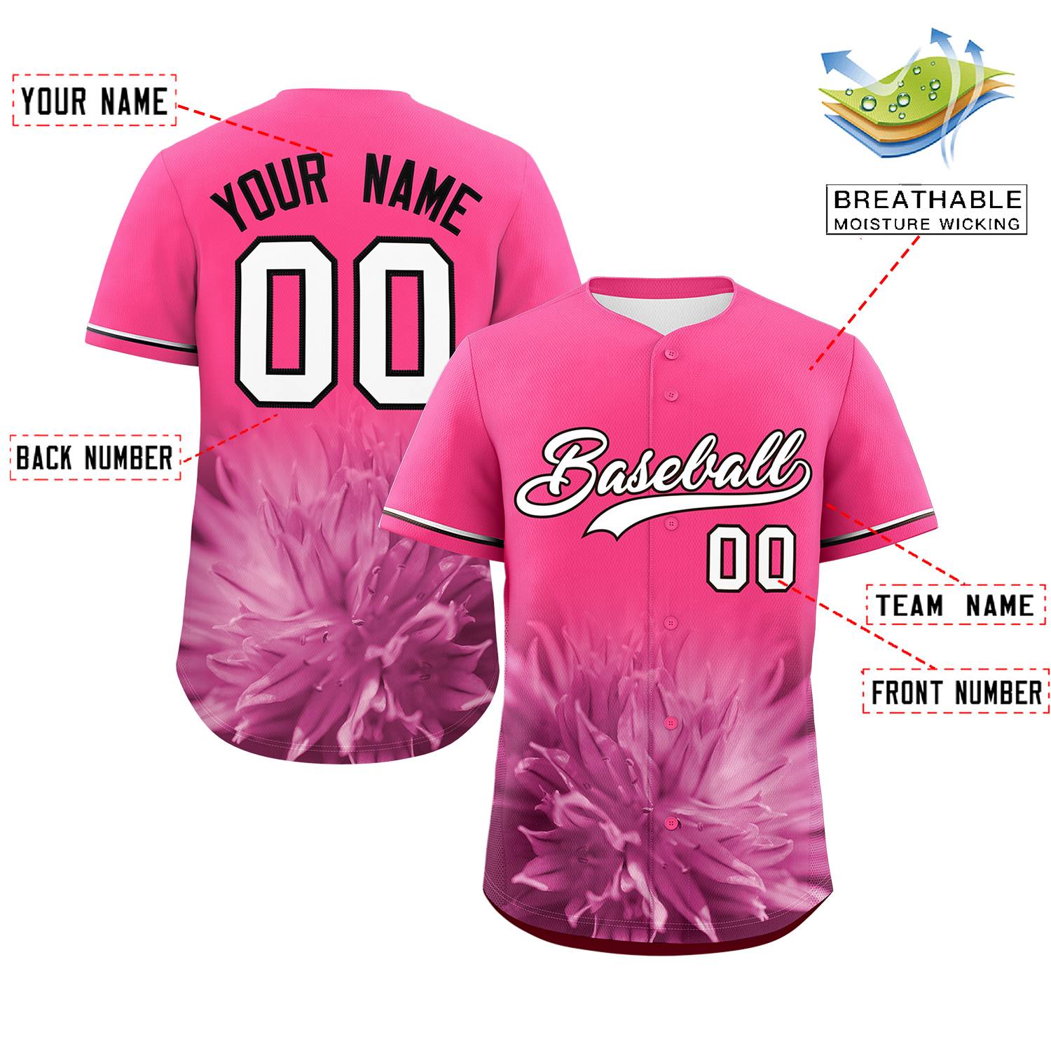 Custom Pink Personalized 3D Flower Design Authentic Baseball Jersey | KXKSHOP