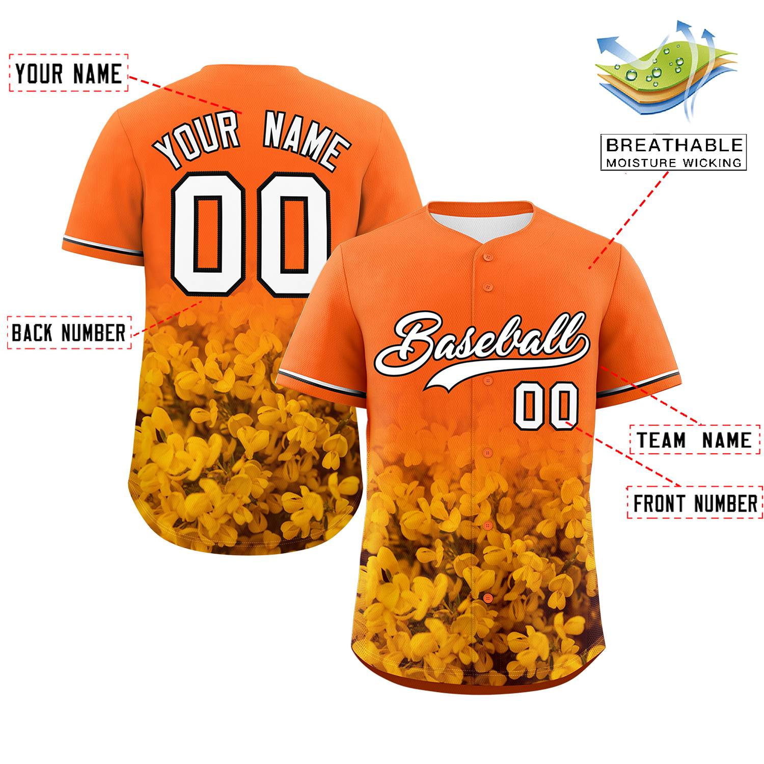 Custom Orange Personalized 3D Flower Design Authentic Baseball Jersey | KXKSHOP