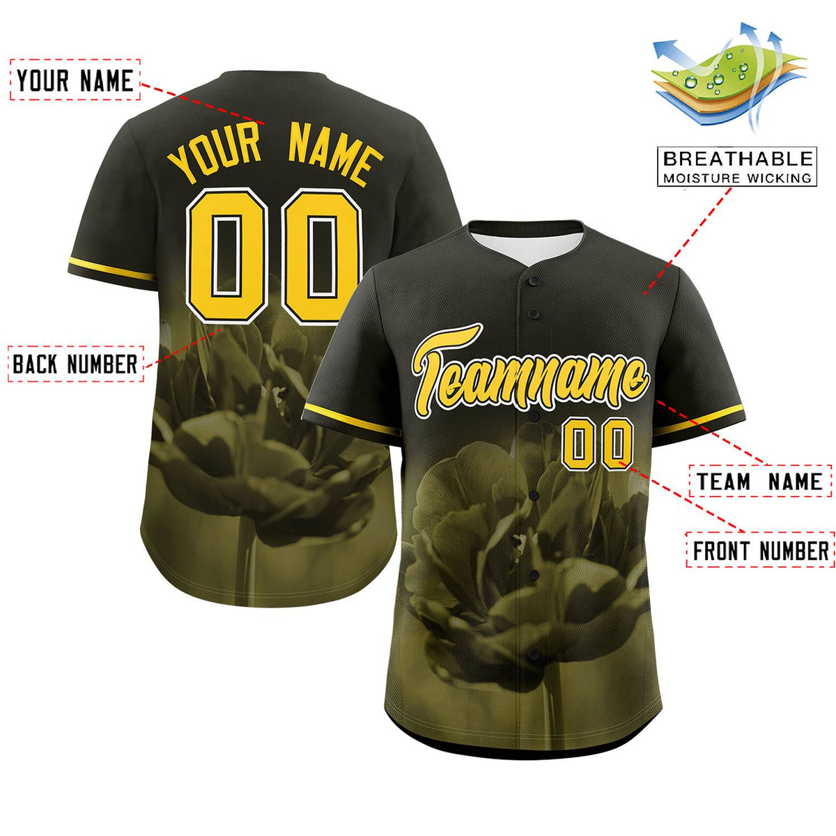 Custom Black Personalized 3D Flower Design Authentic Baseball Jersey | KXKSHOP