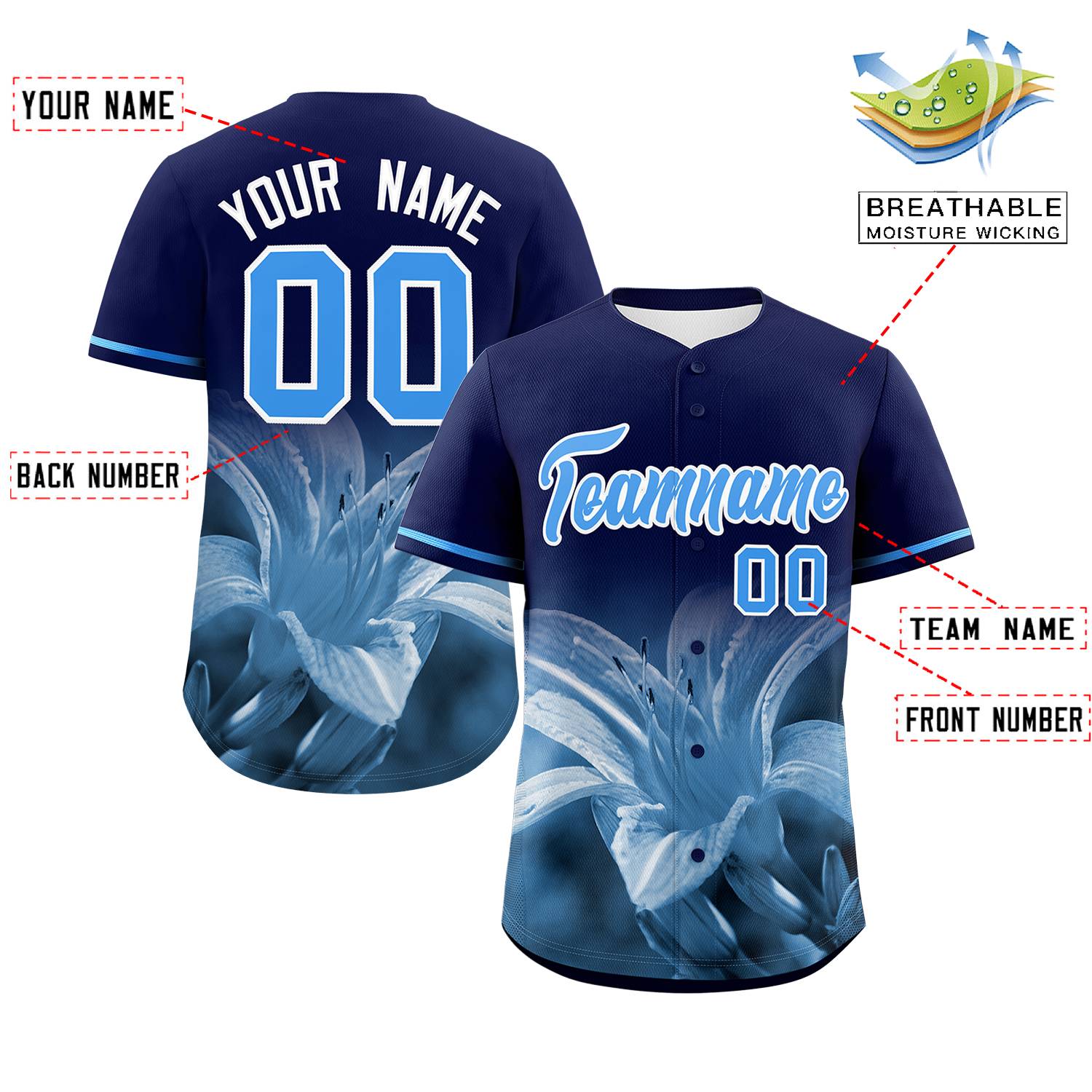 Custom Navy Personalized 3D Flower Design Authentic Baseball Jersey | KXKSHOP