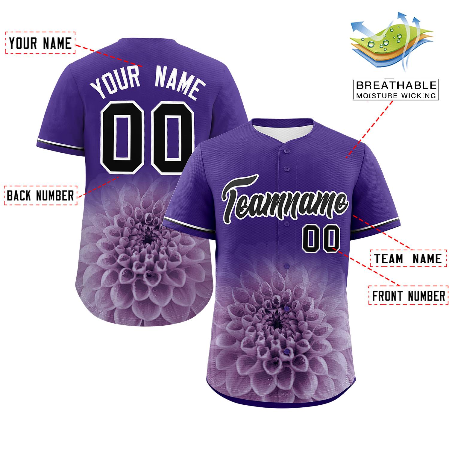 Custom Purple Personalized 3D Flower Design Authentic Baseball Jersey | KXKSHOP