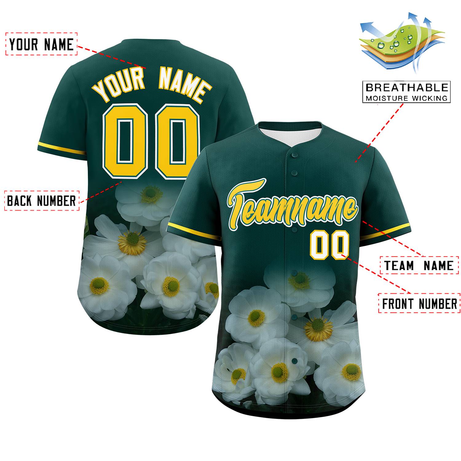 Custom Green Personalized 3D Flower Design Authentic Baseball Jersey | KXKSHOP