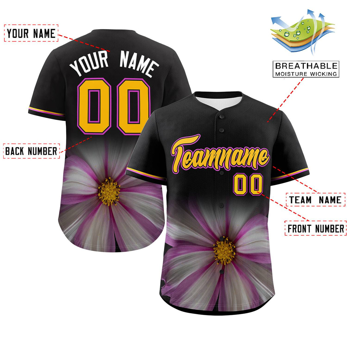 Custom Black Personalized 3D Flower Design Authentic Baseball Jersey | KXKSHOP