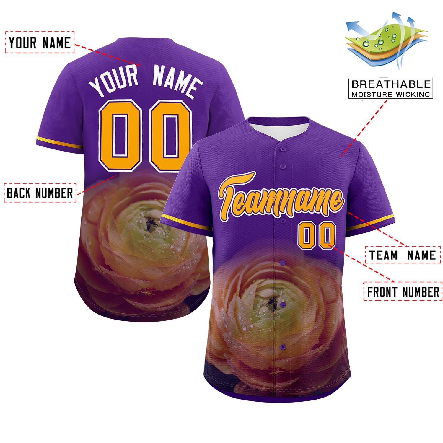 Custom Purple Personalized 3D Flower Design Authentic Baseball Jersey | KXKSHOP
