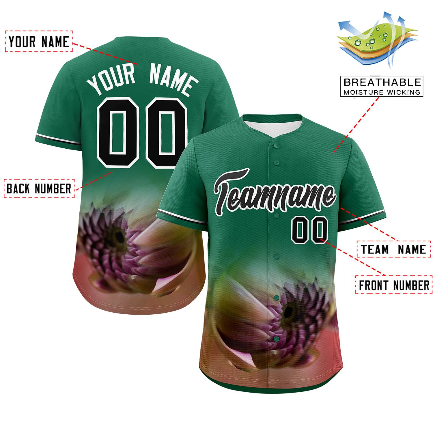Custom Kelly Green Personalized 3D Flower Design Authentic Baseball Jersey | KXKSHOP
