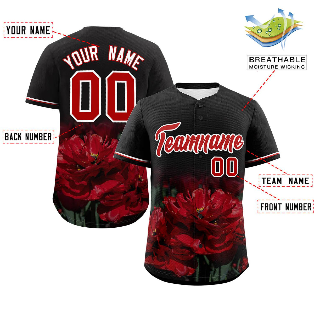 Custom Black Personalized 3D Flower Design Authentic Baseball Jersey | KXKSHOP