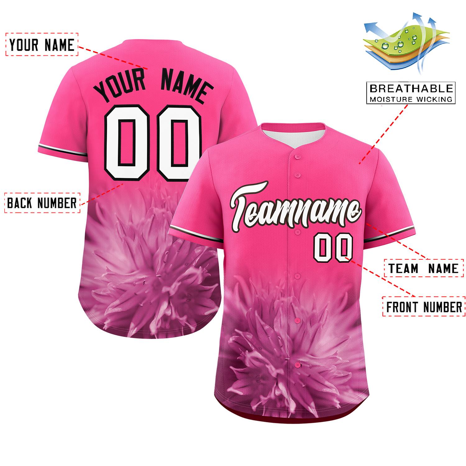Custom Pink Personalized 3D Flower Design Authentic Baseball Jersey | KXKSHOP
