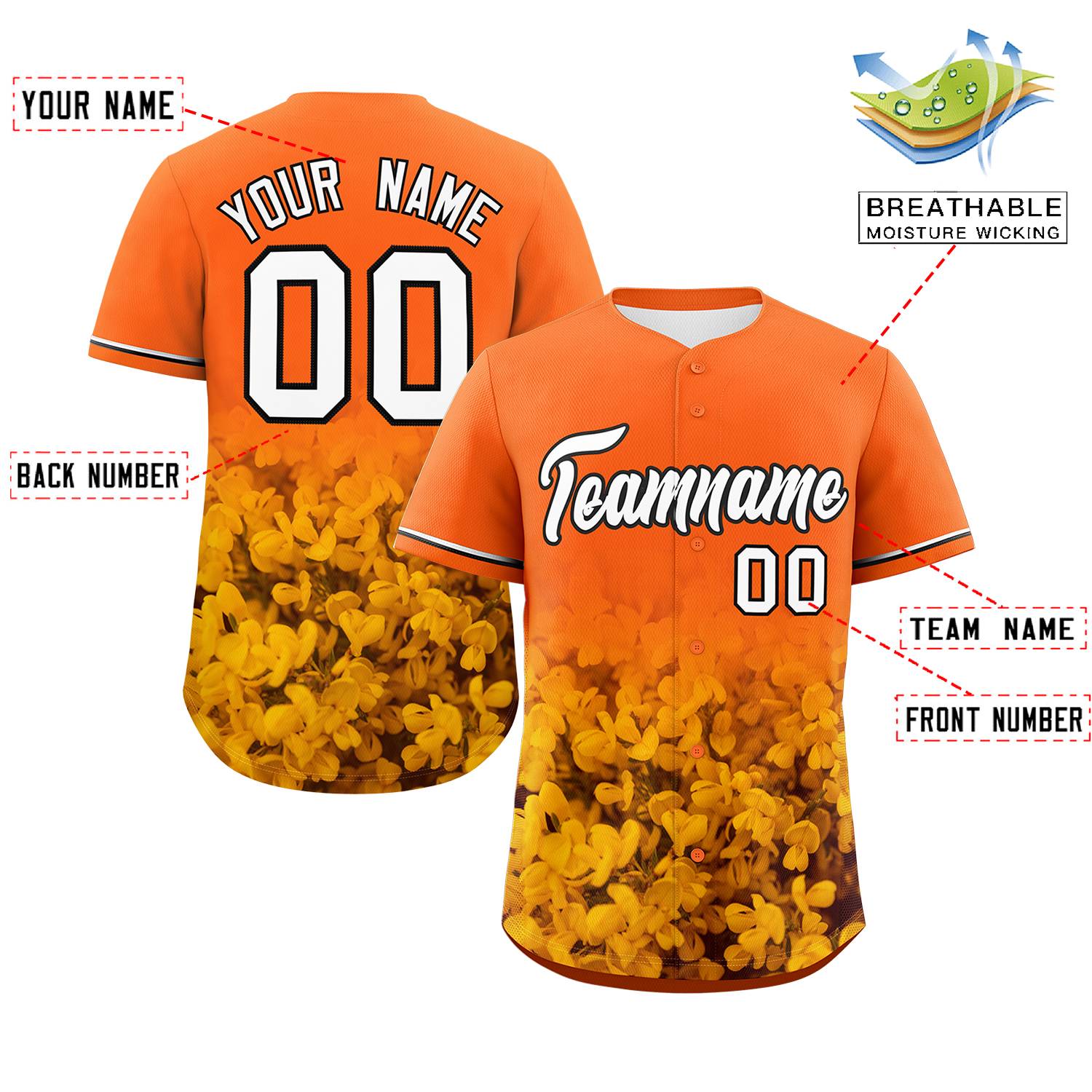Custom Orange Personalized 3D Flower Design Authentic Baseball Jersey | KXKSHOP