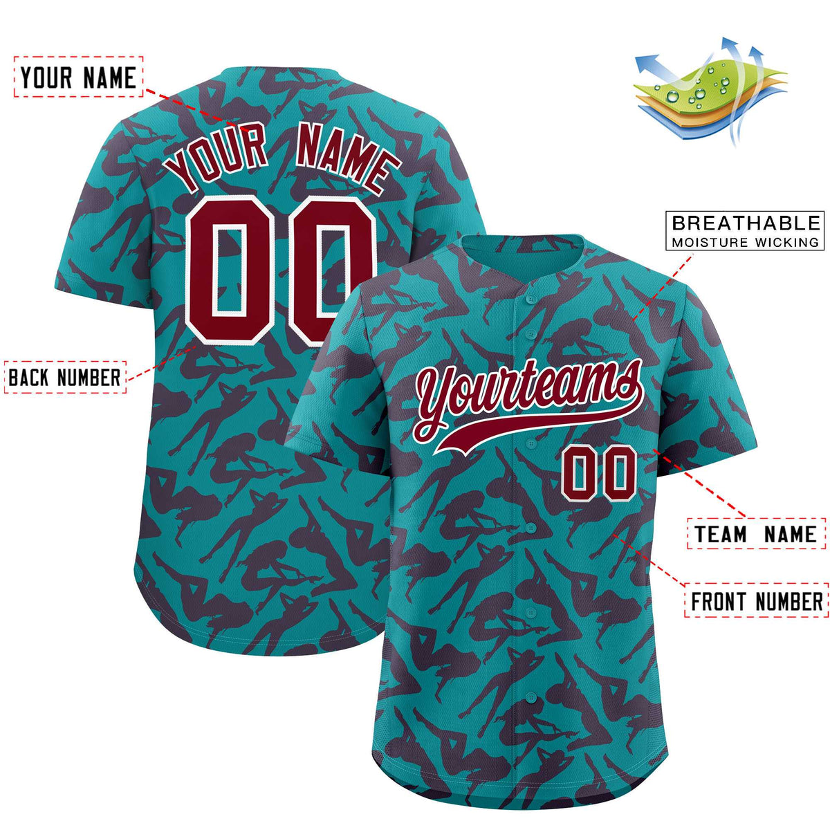 Custom Aqua Crimson Playboy Graffiti Pattern Authentic Baseball Jersey| KXKSHOP
