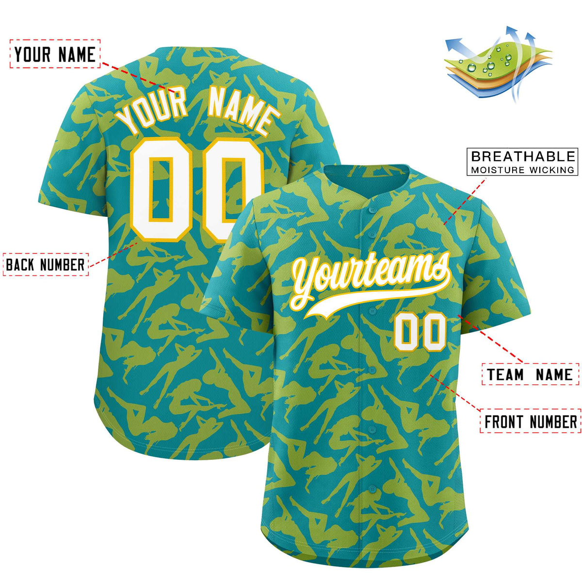 Custom Teal Gold Playboy Graffiti Pattern Authentic Baseball Jersey| KXKSHOP