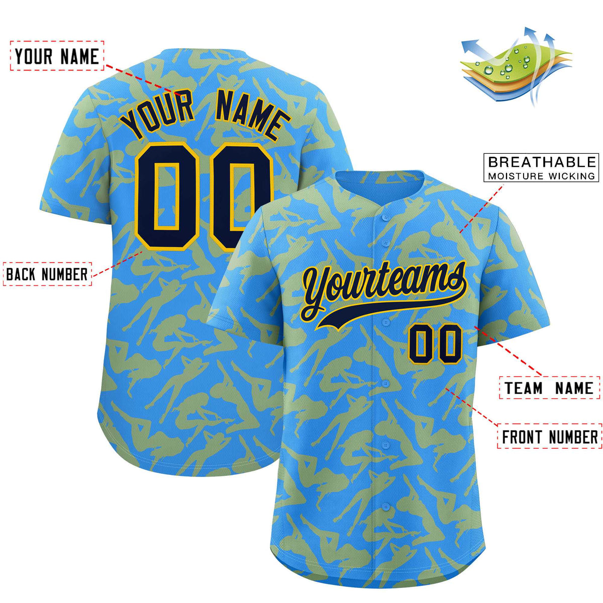 Custom Powder Blue Gold Playboy Graffiti Pattern Authentic Baseball Jersey| KXKSHOP