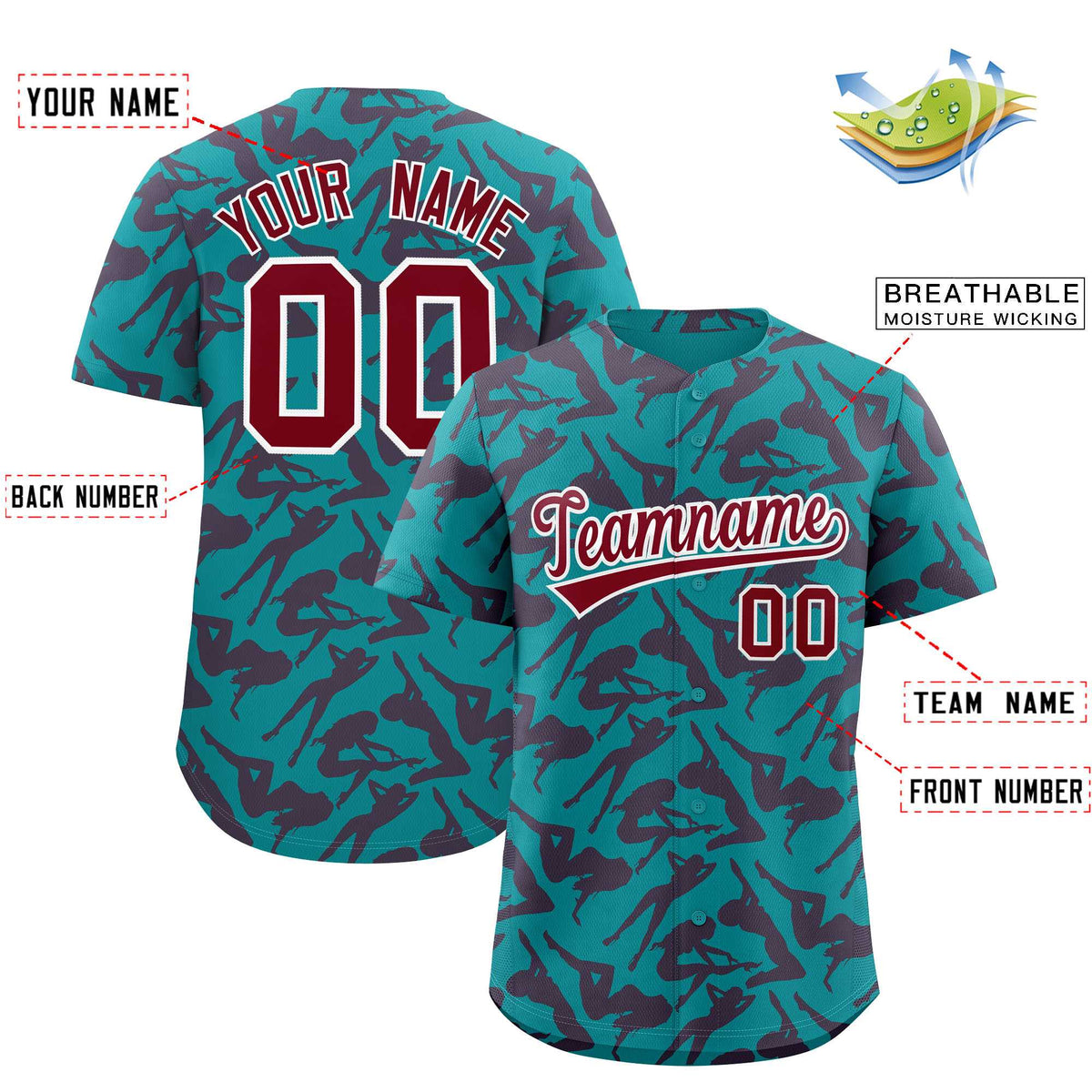 Custom Aqua Crimson Playboy Graffiti Pattern Authentic Baseball Jersey| KXKSHOP