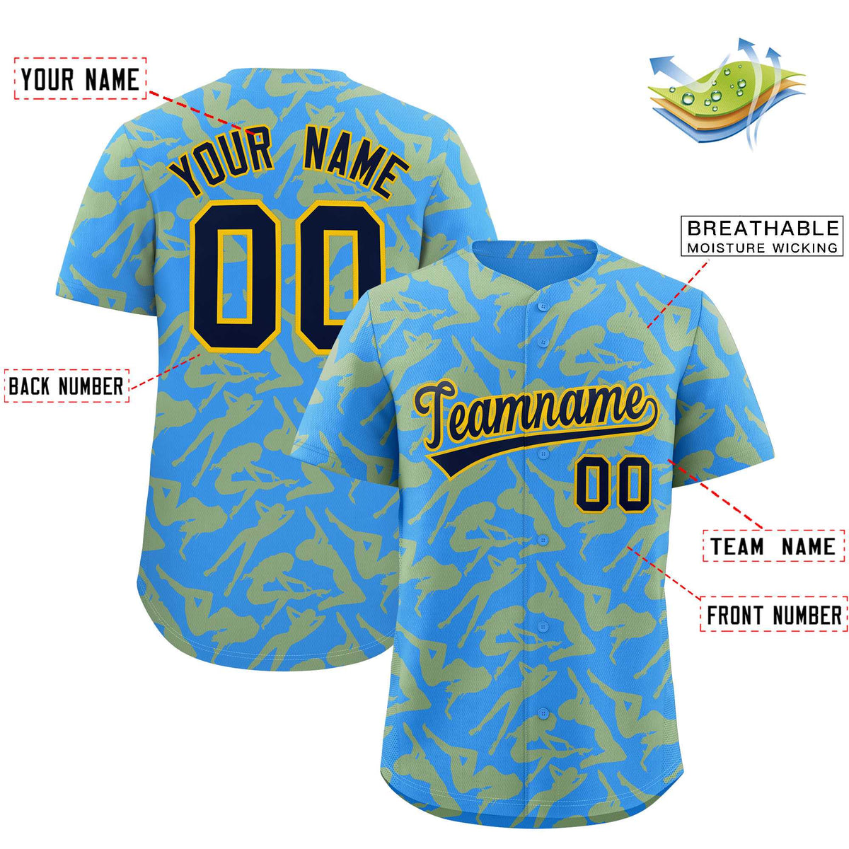 Custom Powder Blue Gold Playboy Graffiti Pattern Authentic Baseball Jersey| KXKSHOP