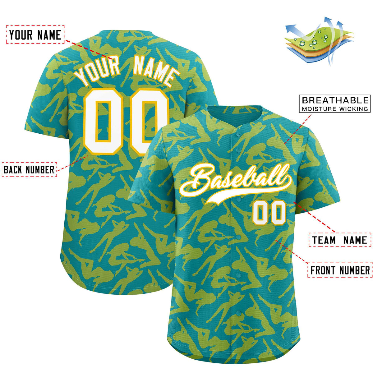 Custom Teal Gold Playboy Graffiti Pattern Authentic Baseball Jersey| KXKSHOP