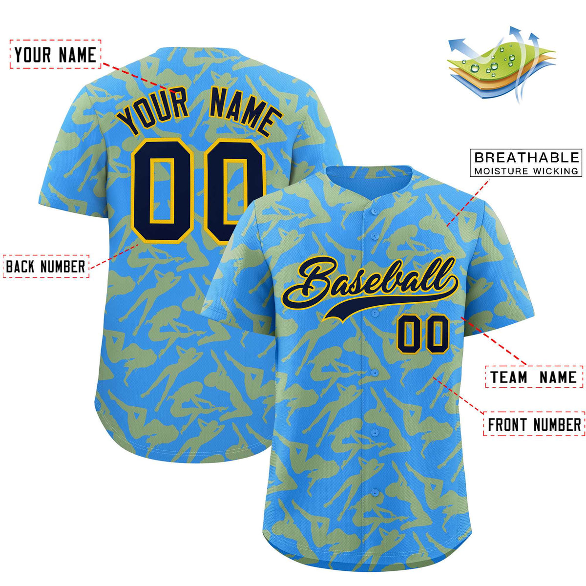 Custom Powder Blue Gold Playboy Graffiti Pattern Authentic Baseball Jersey| KXKSHOP