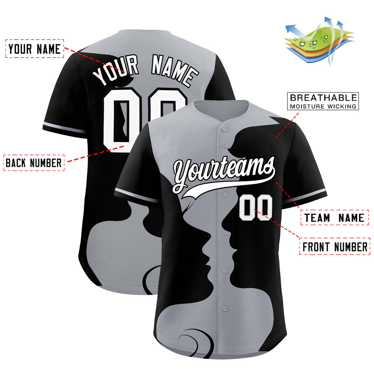 Custom Silver Gray Black Silhouettes of Loving Couple Valentine's Day Baseball Jersey| KXKSHOP