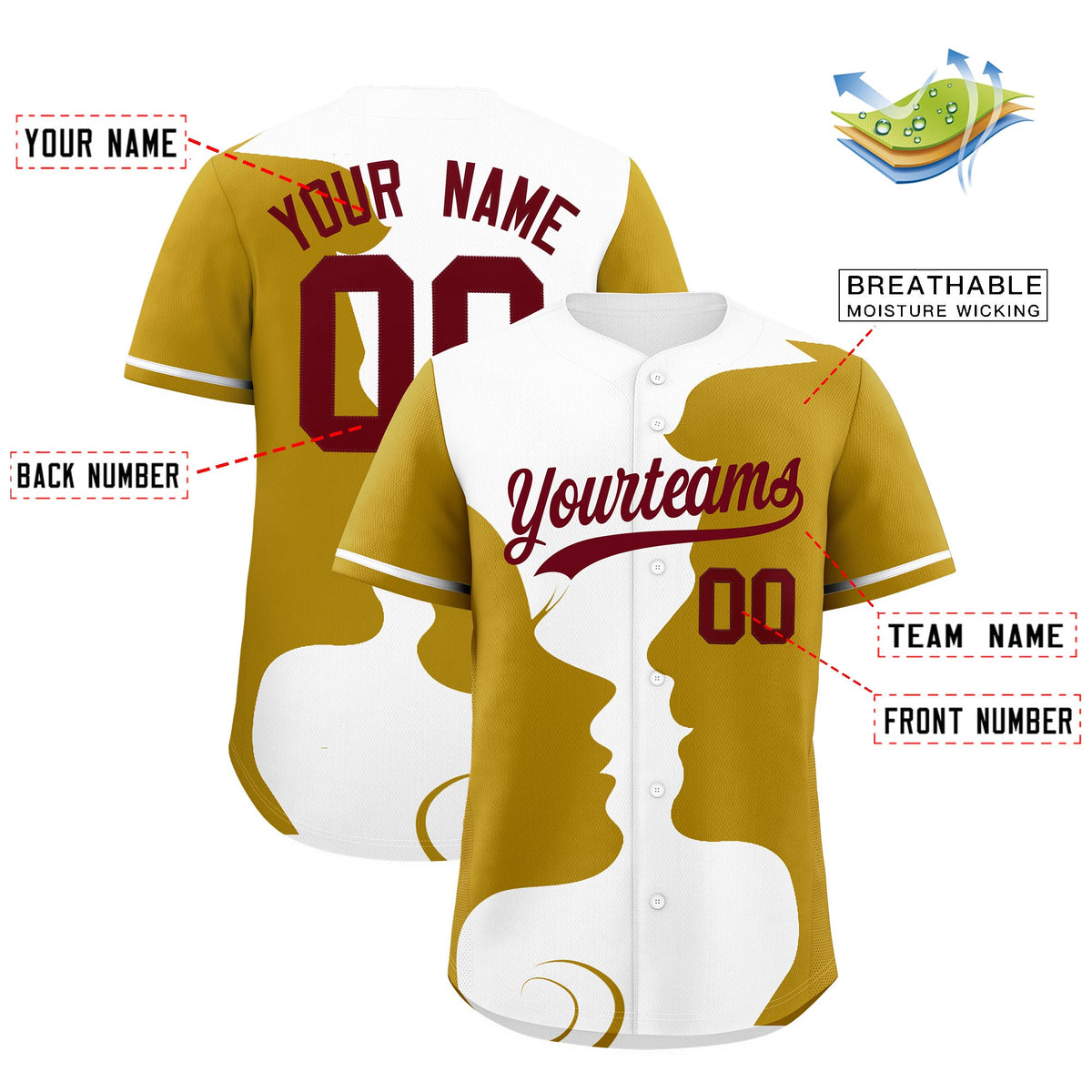 Custom White Old Gold Silhouettes of Loving Couple Valentine's Day Baseball Jersey| KXKSHOP