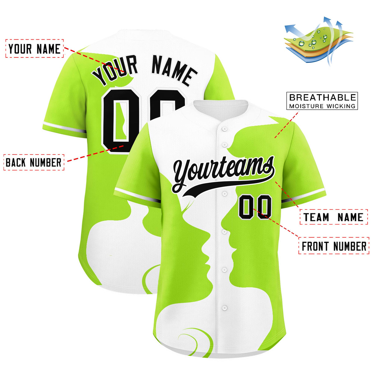 Custom White Neon Green Silhouettes of Loving Couple Valentine's Day Baseball Jersey| KXKSHOP