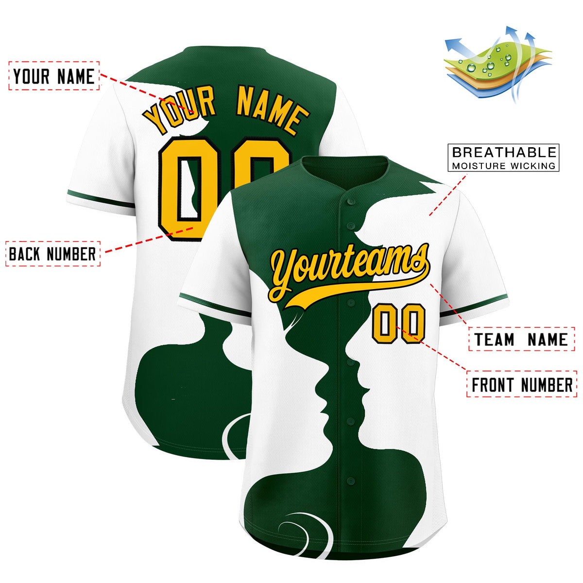 Custom Green White Silhouettes of Loving Couple Valentine's Day Baseball Jersey| KXKSHOP