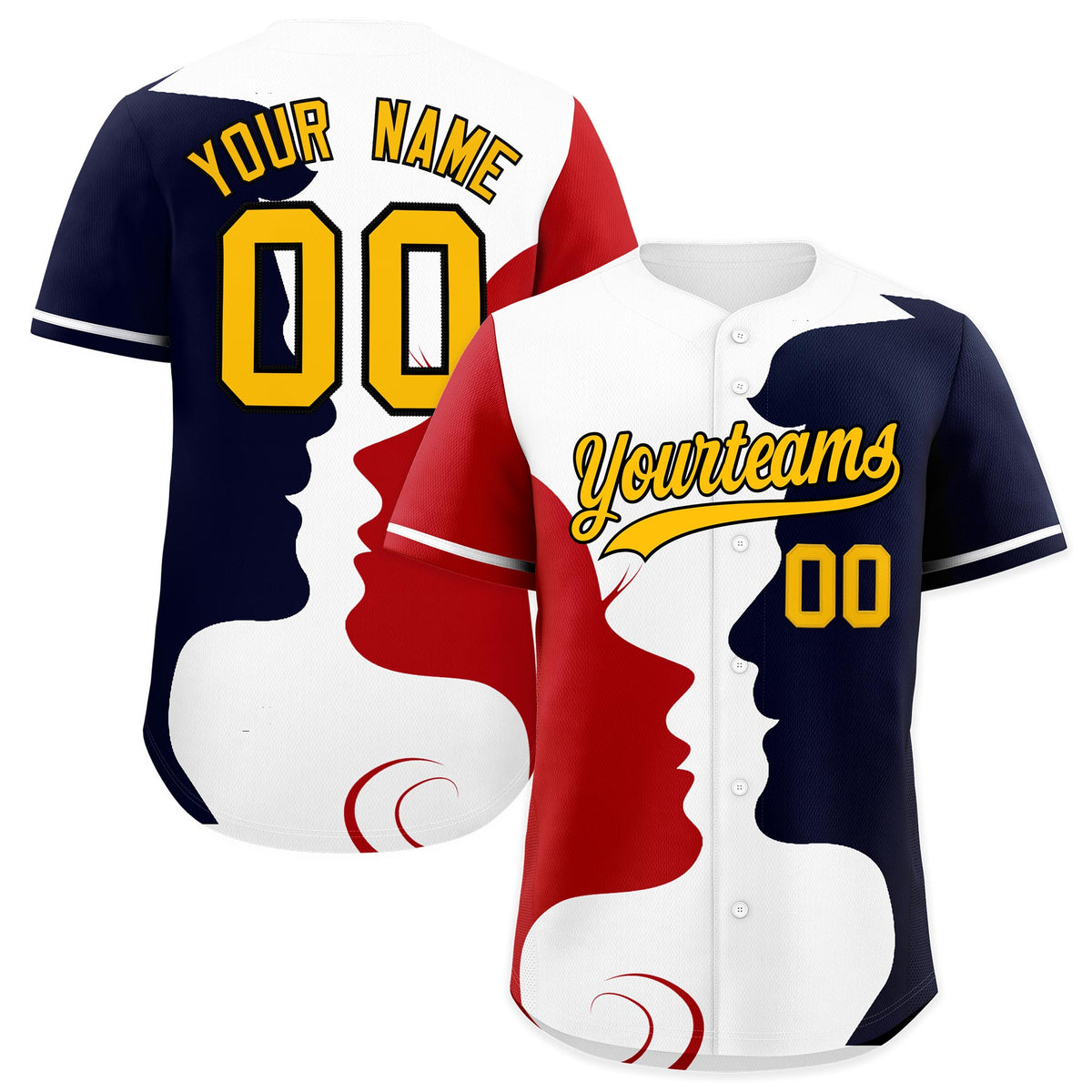 Custom White Red Navy Silhouettes of Loving Couple Valentine's Day Baseball Jersey| KXKSHOP