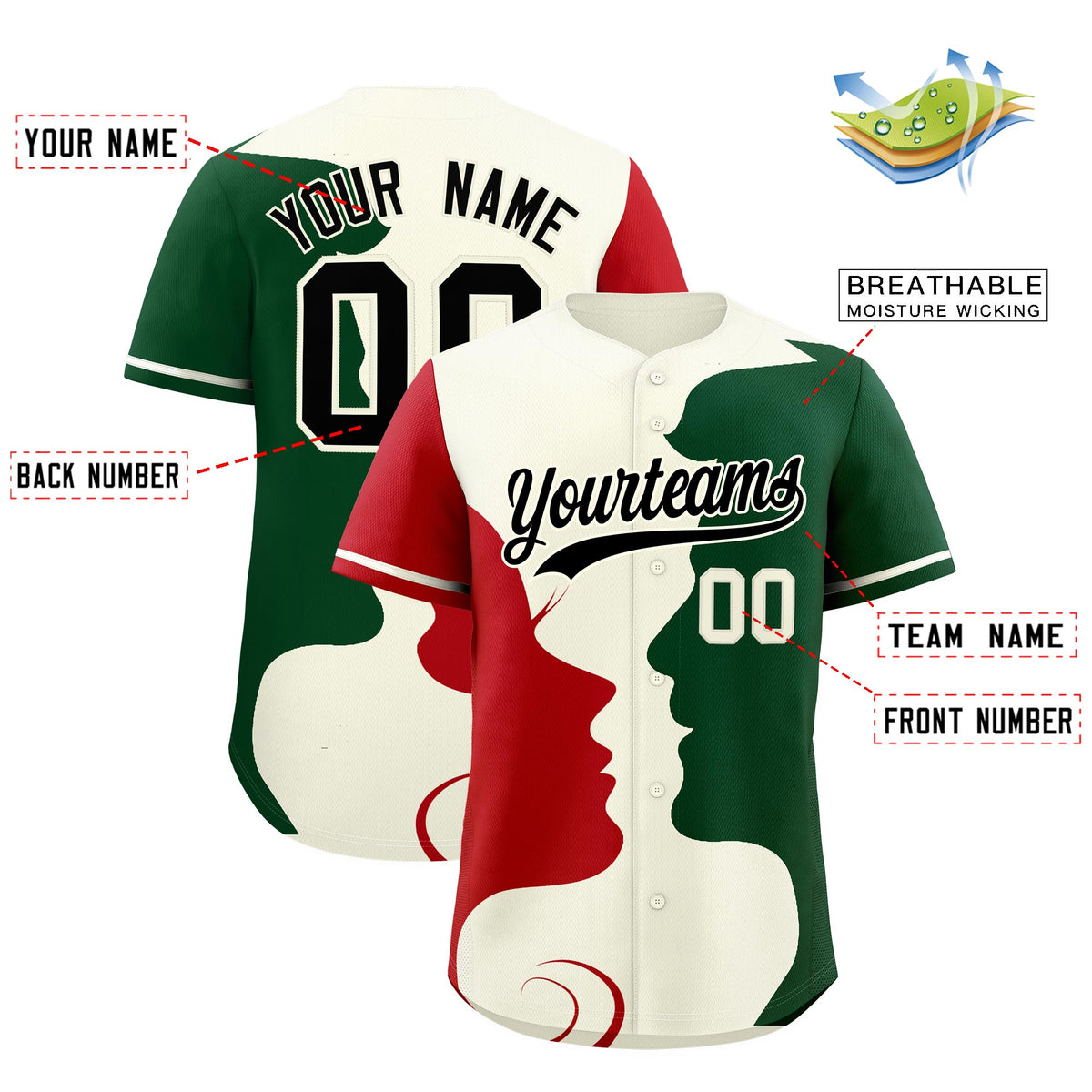 Custom Cream Red Green Silhouettes of Loving Couple Valentine's Day Baseball Jersey| KXKSHOP
