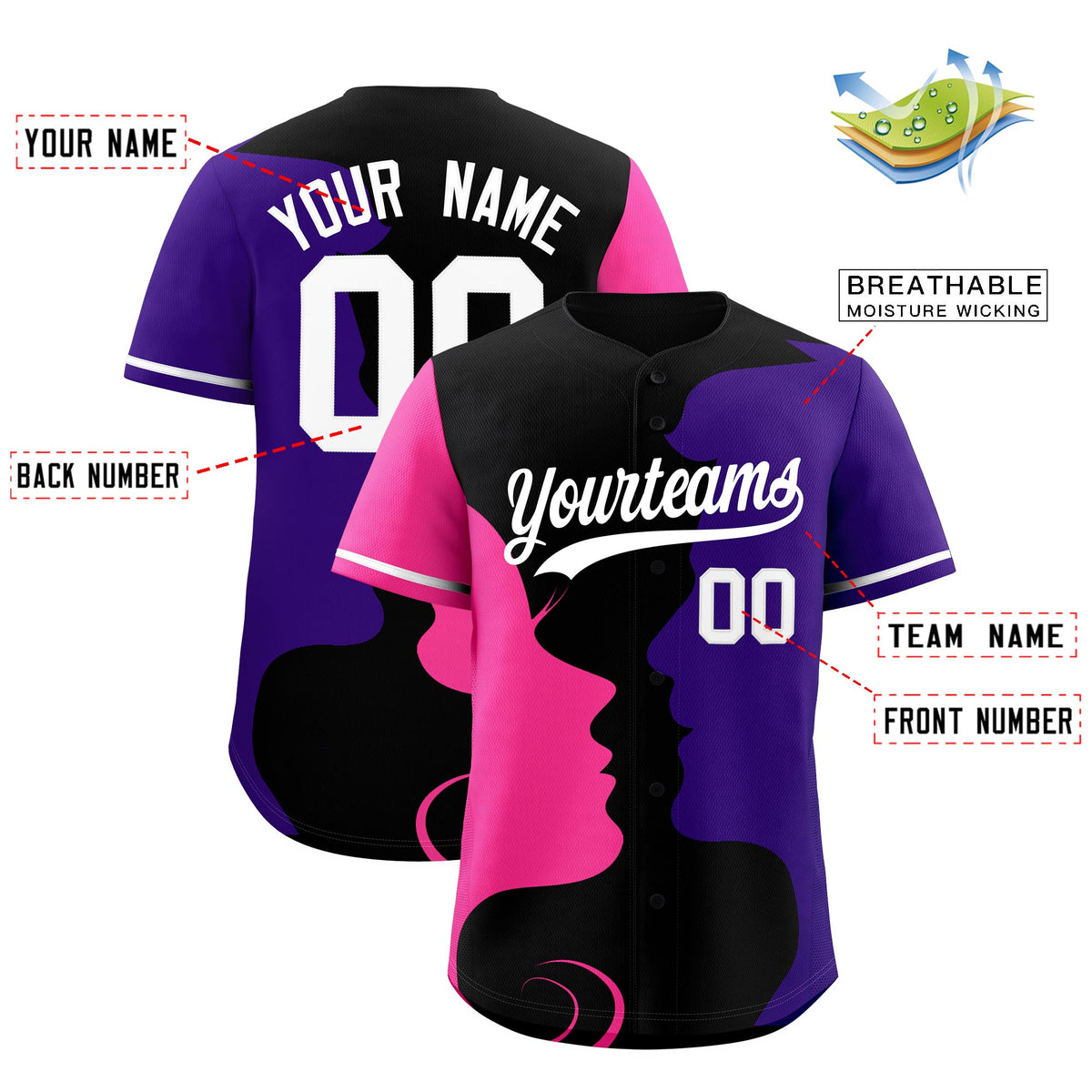 Custom White Pink Purple Silhouettes of Loving Couple Valentine's Day Baseball Jersey| KXKSHOP