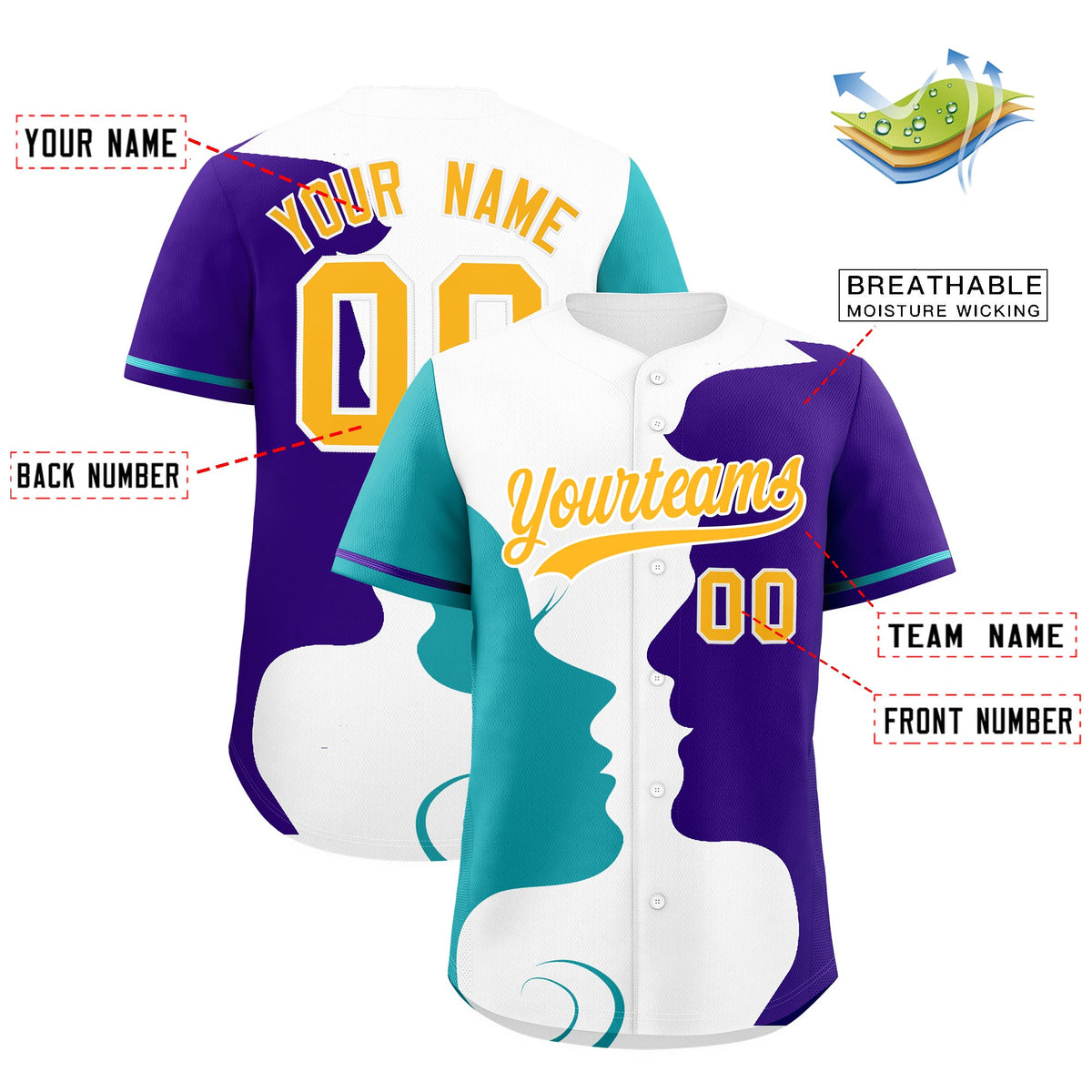 Custom Teal Purple White Silhouettes of Loving Couple Valentine's Day Baseball Jersey| KXKSHOP
