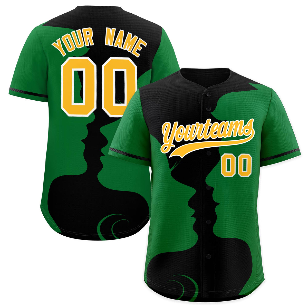 Custom Black Kelly Green Silhouettes of Loving Couple Valentine's Day Baseball Jersey| KXKSHOP