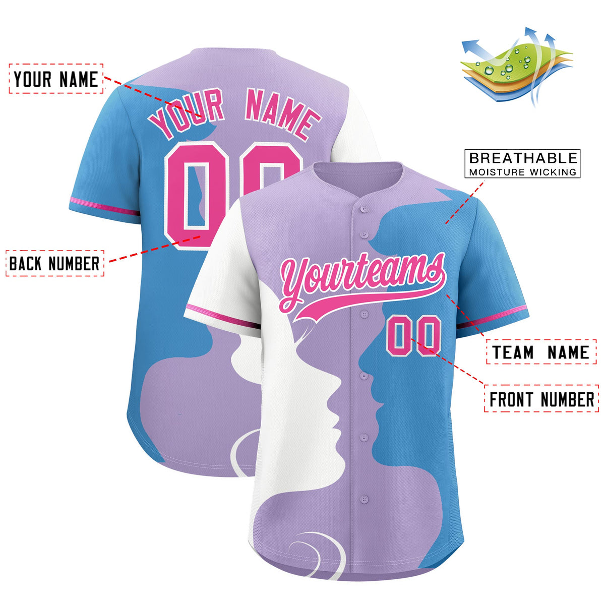 Custom Pink White Light Blue Silhouettes of Loving Couple Valentine's Day Baseball Jersey| KXKSHOP