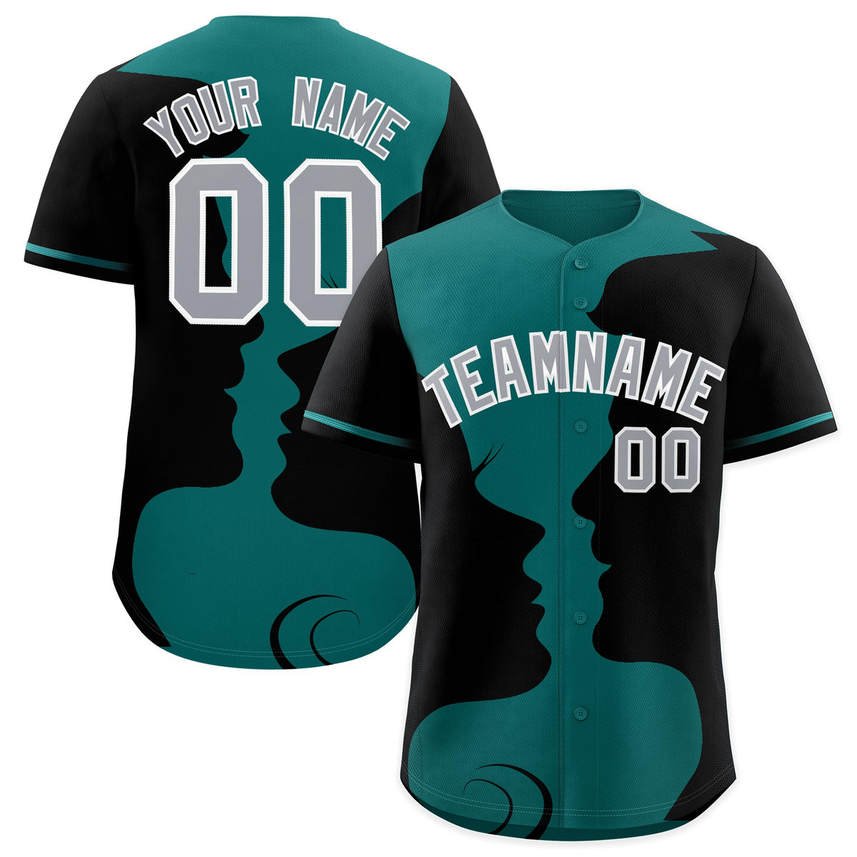 Custom Teal Black Silhouettes of Loving Couple Valentine's Day Baseball Jersey| KXKSHOP
