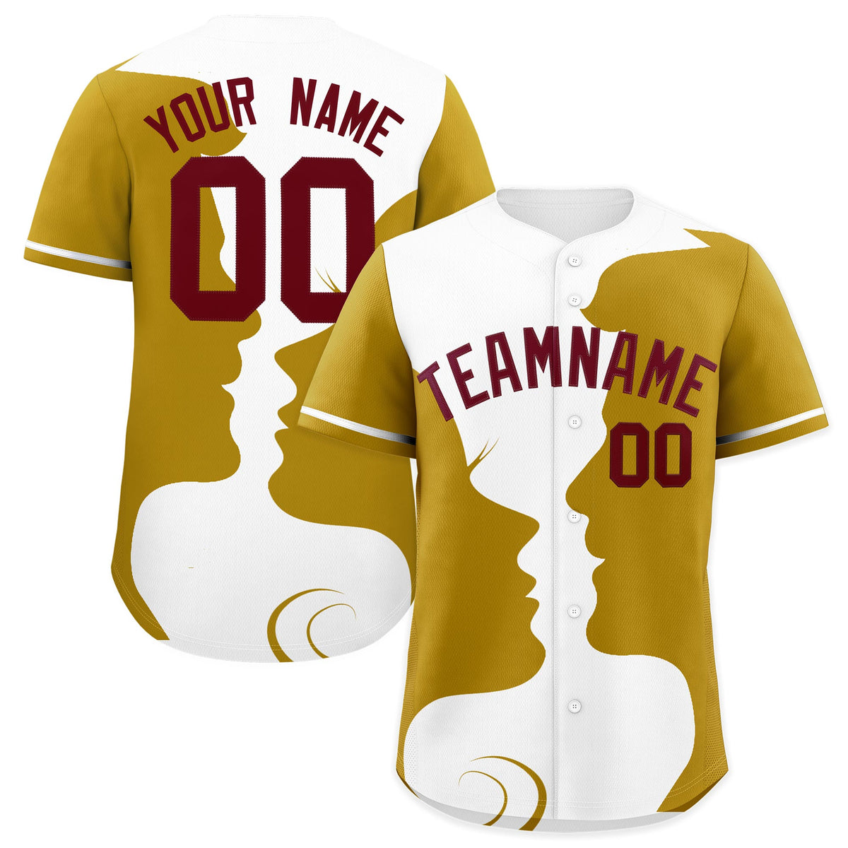 Custom White Old Gold Silhouettes of Loving Couple Valentine's Day Baseball Jersey| KXKSHOP