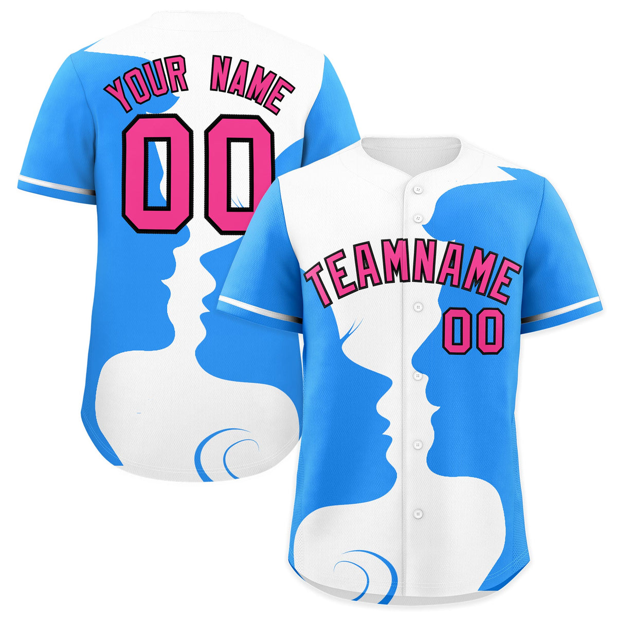 Custom White Powder Blue Silhouettes of Loving Couple Valentine's Day Baseball Jersey| KXKSHOP