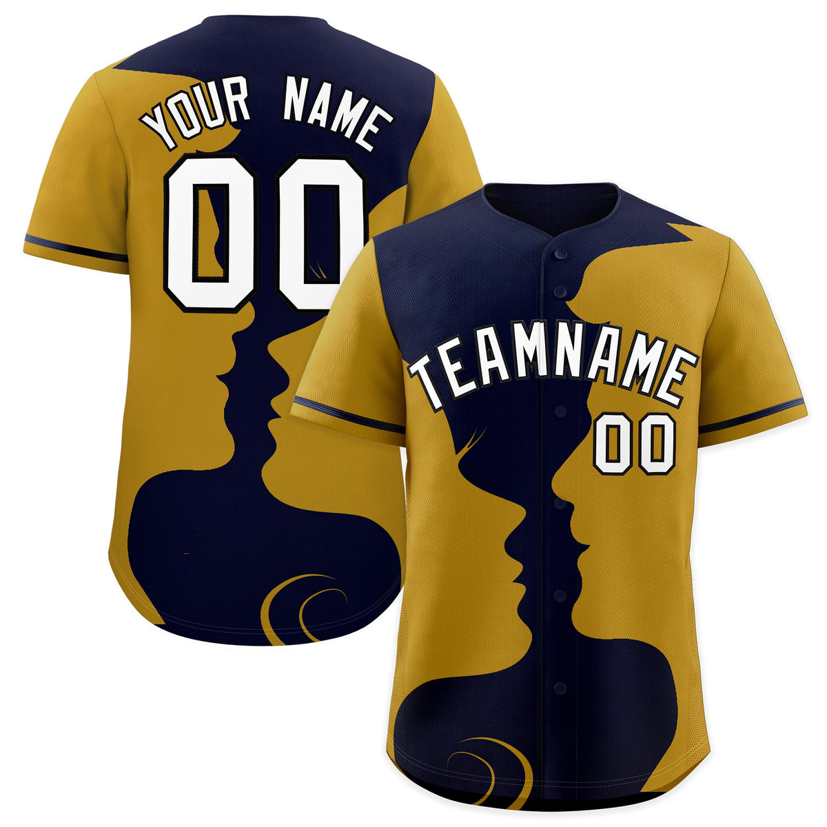 Custom Navy Old Gold Silhouettes of Loving Couple Valentine's Day Baseball Jersey| KXKSHOP