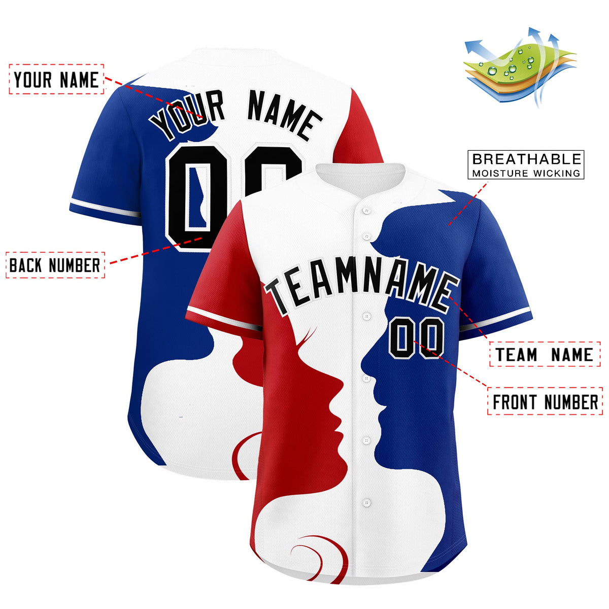 Custom White Red Royal Silhouettes of Loving Couple Valentine's Day Baseball Jersey| KXKSHOP