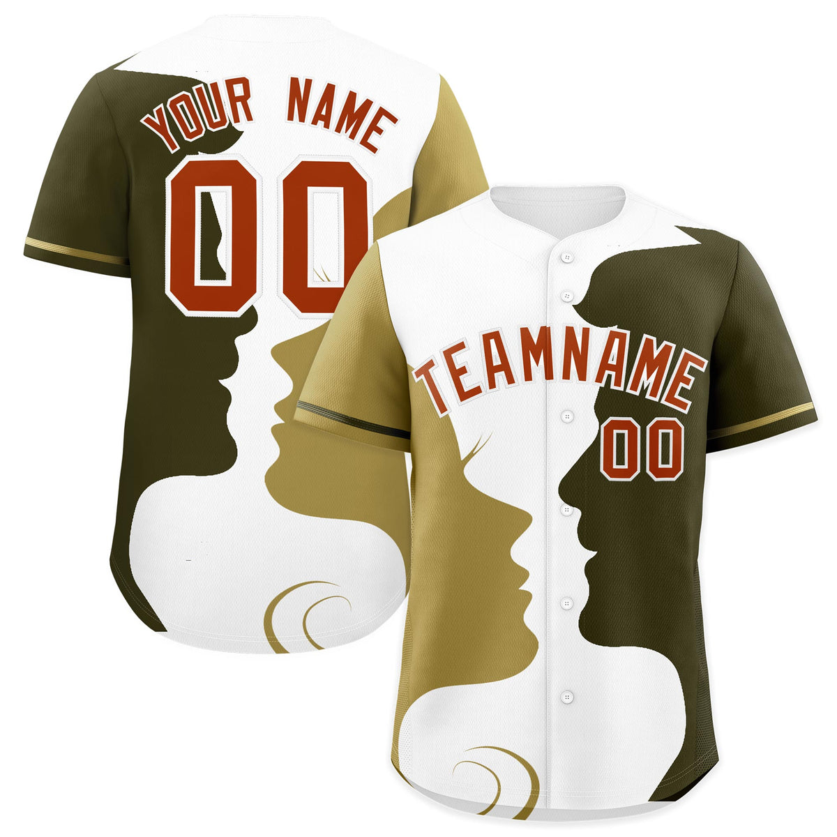 Custom Old Gold Olive White Silhouettes of Loving Couple Valentine's Day Baseball Jersey| KXKSHOP