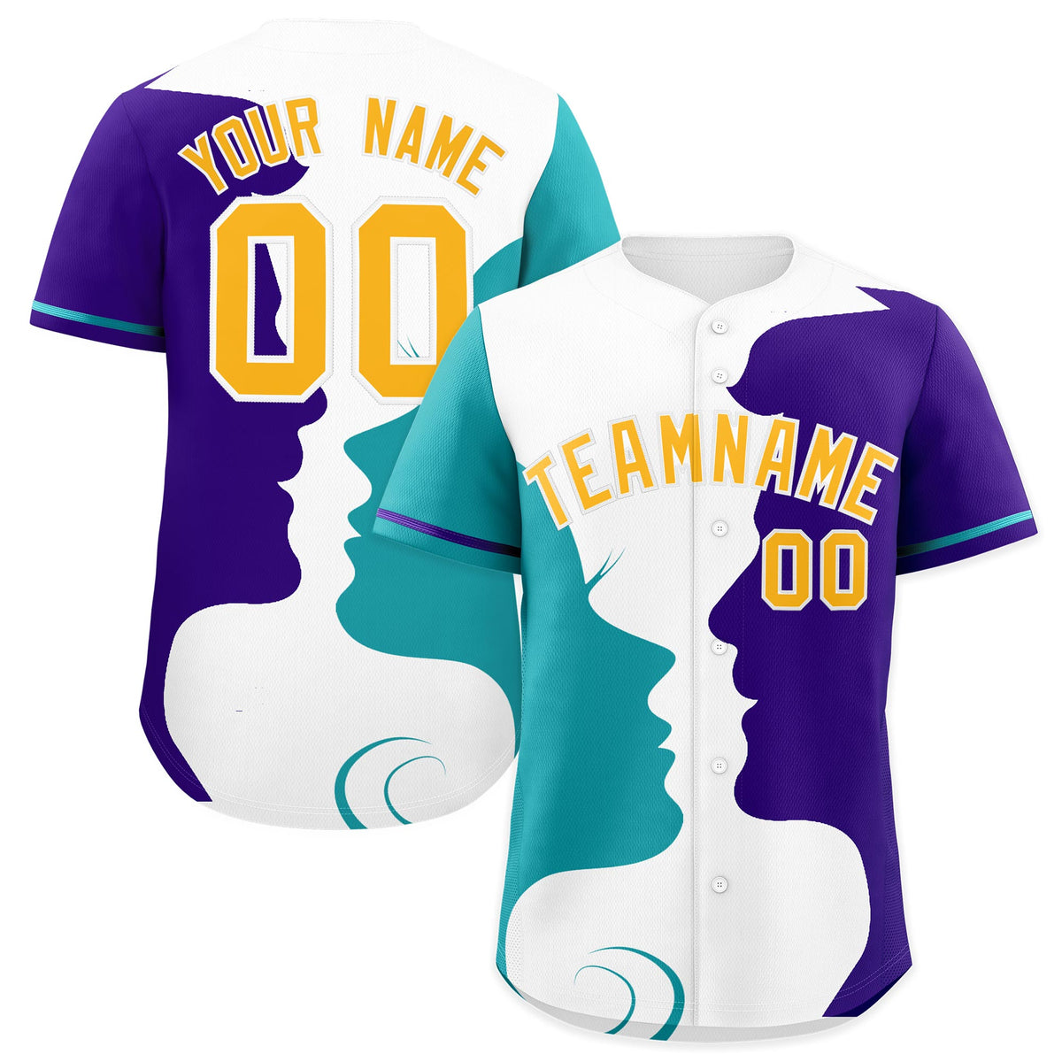 Custom Teal Purple White Silhouettes of Loving Couple Valentine's Day Baseball Jersey| KXKSHOP