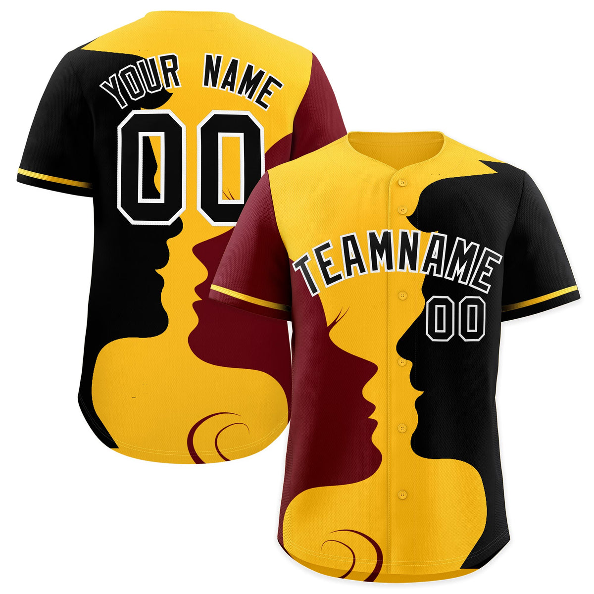 Custom Gold Crimson Black Silhouettes of Loving Couple Valentine's Day Baseball Jersey| KXKSHOP