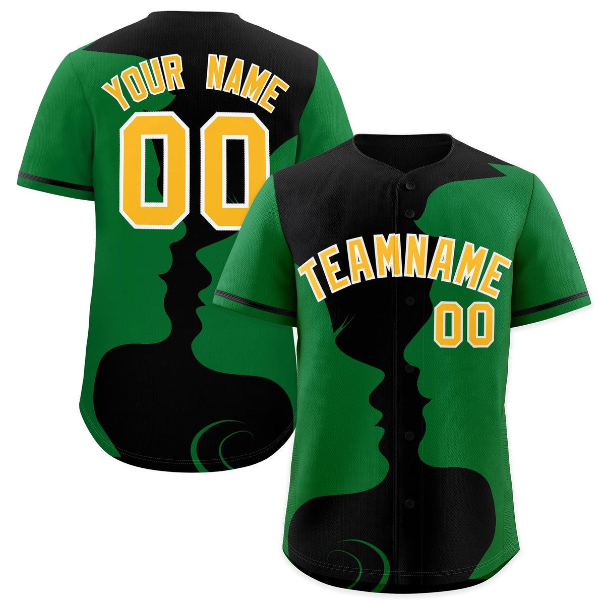 Custom Black Kelly Green Silhouettes of Loving Couple Valentine's Day Baseball Jersey| KXKSHOP