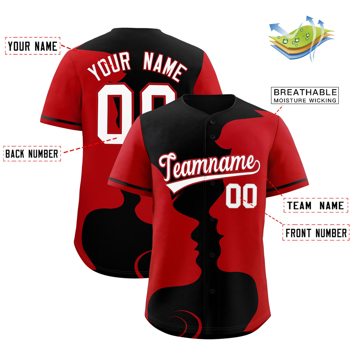 Custom Black Red Silhouettes of Loving Couple Valentine's Day Baseball Jersey| KXKSHOP