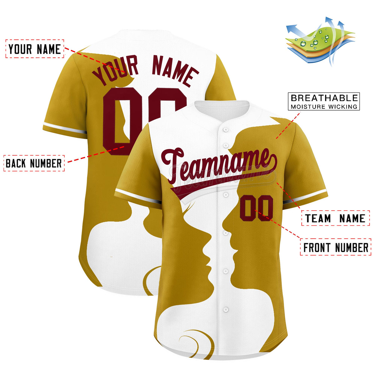 Custom White Old Gold Silhouettes of Loving Couple Valentine's Day Baseball Jersey| KXKSHOP