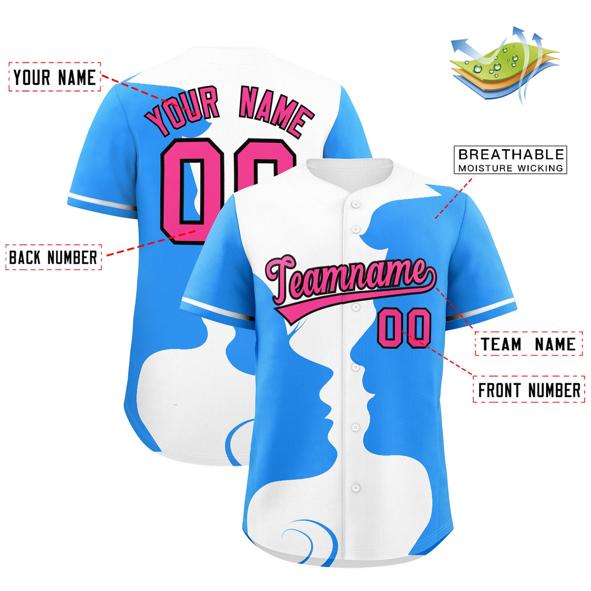 Custom White Powder Blue Silhouettes of Loving Couple Valentine's Day Baseball Jersey| KXKSHOP