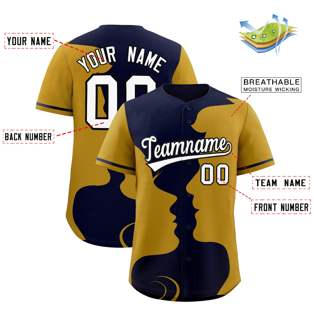Custom Navy Old Gold Silhouettes of Loving Couple Valentine's Day Baseball Jersey| KXKSHOP